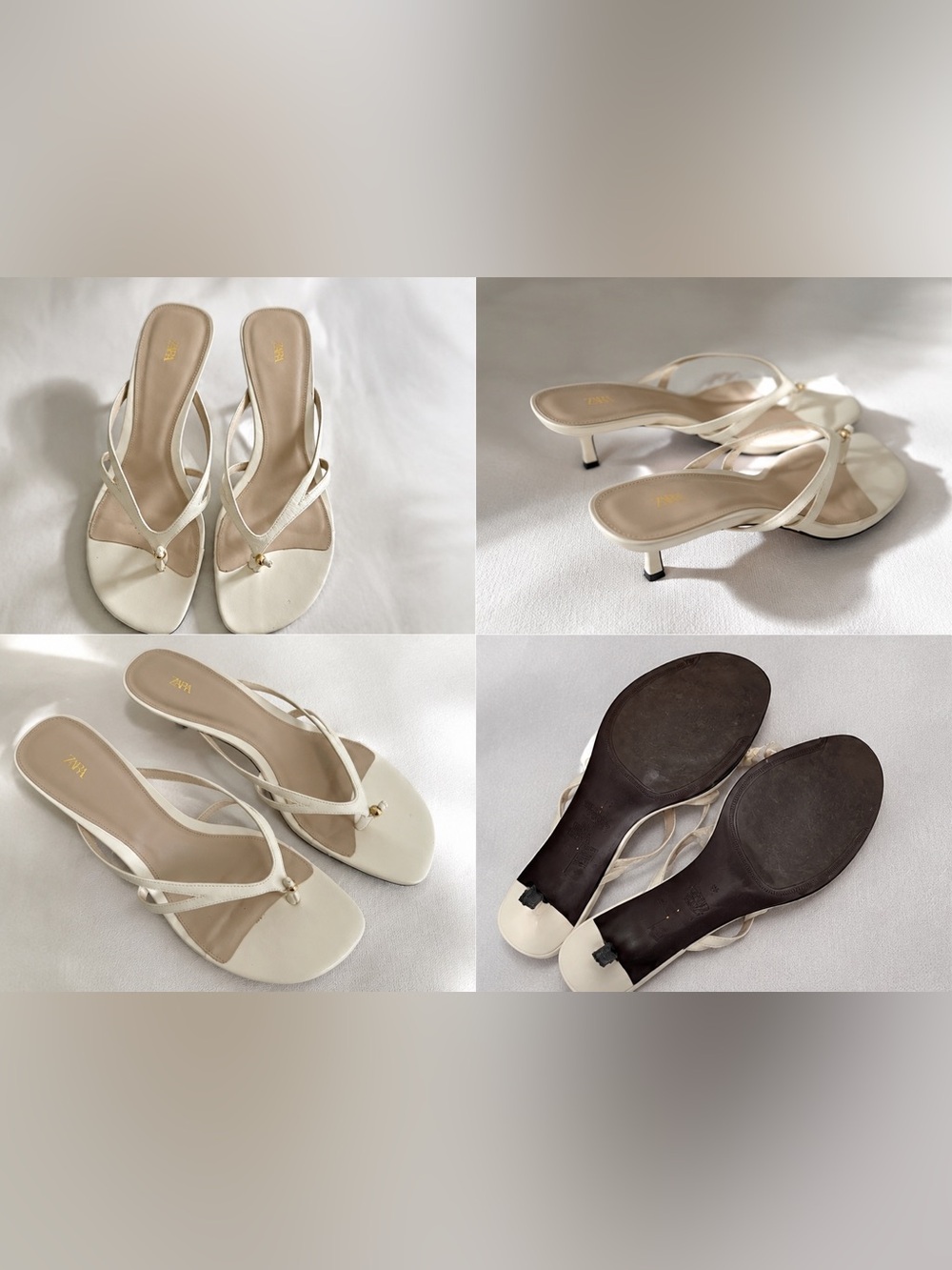 Zara Ivory Kitten Heel Thong Sandals Square Toe EU 41 US 10 Cream